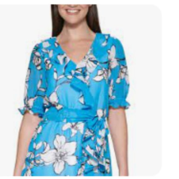 Calvin Klein Womens Floral Printed Chiffon Faux Wrap Dress Blue Size M NWT - Picture 3 of 13